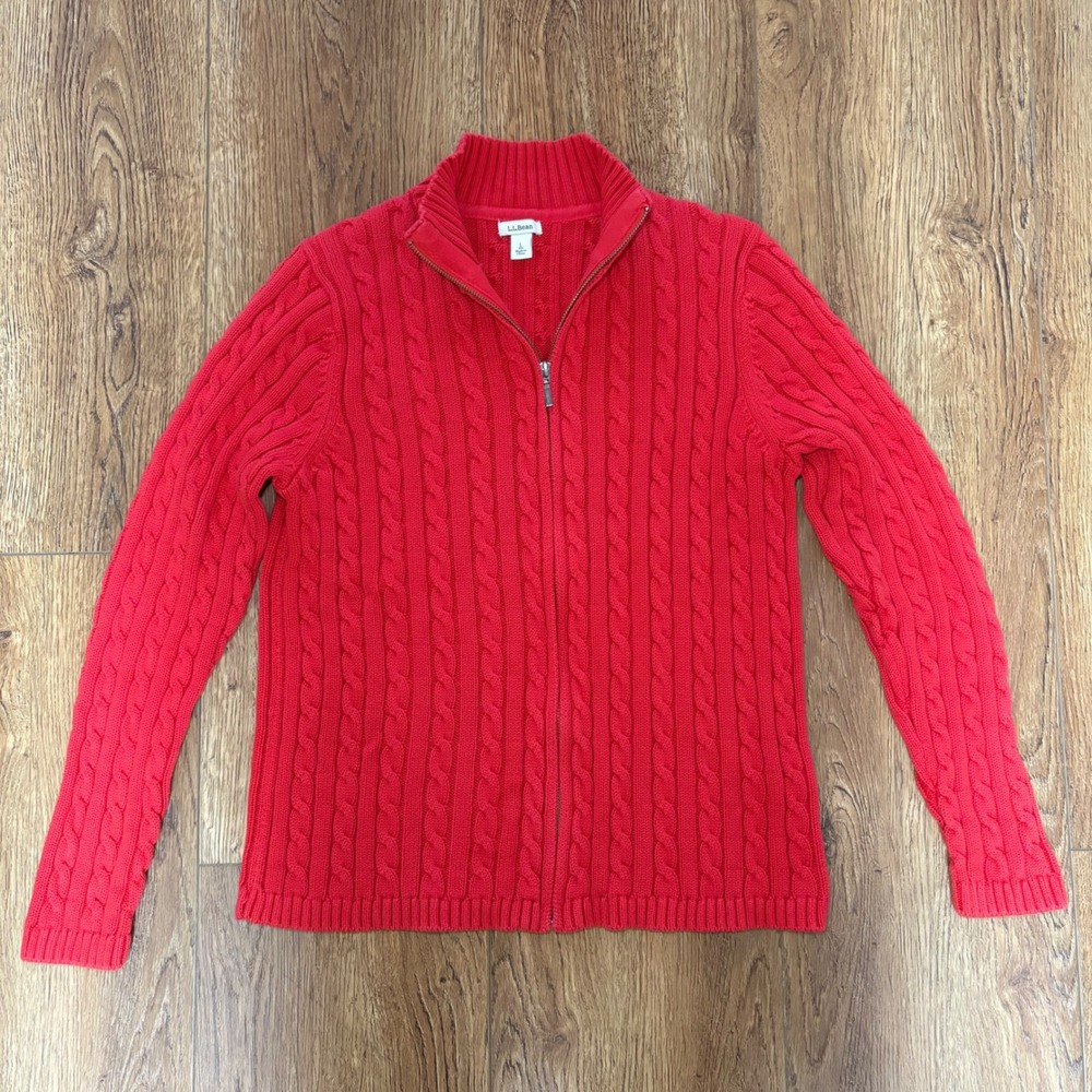 LL Bean Red Cable Knit Full Zip 100% Cotton Cardigan Sweater Womens Large Jacket